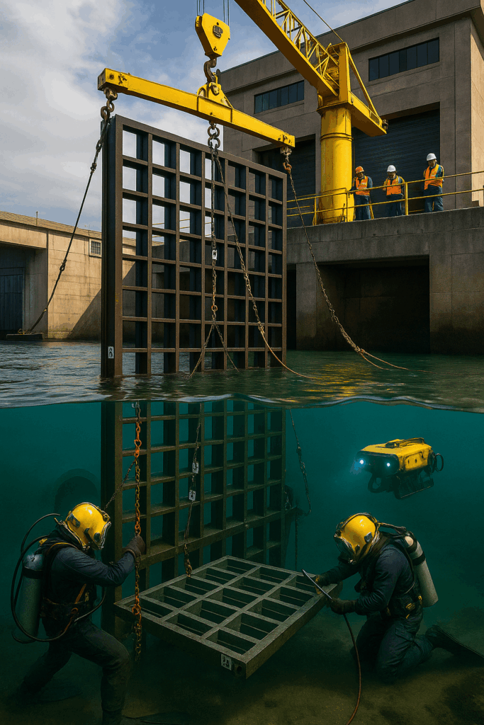 Commercial divers replacing a hydropower dam intake trash-rack while a gantry crane lowers the panel and an ROV records; powerhouse above waterline.