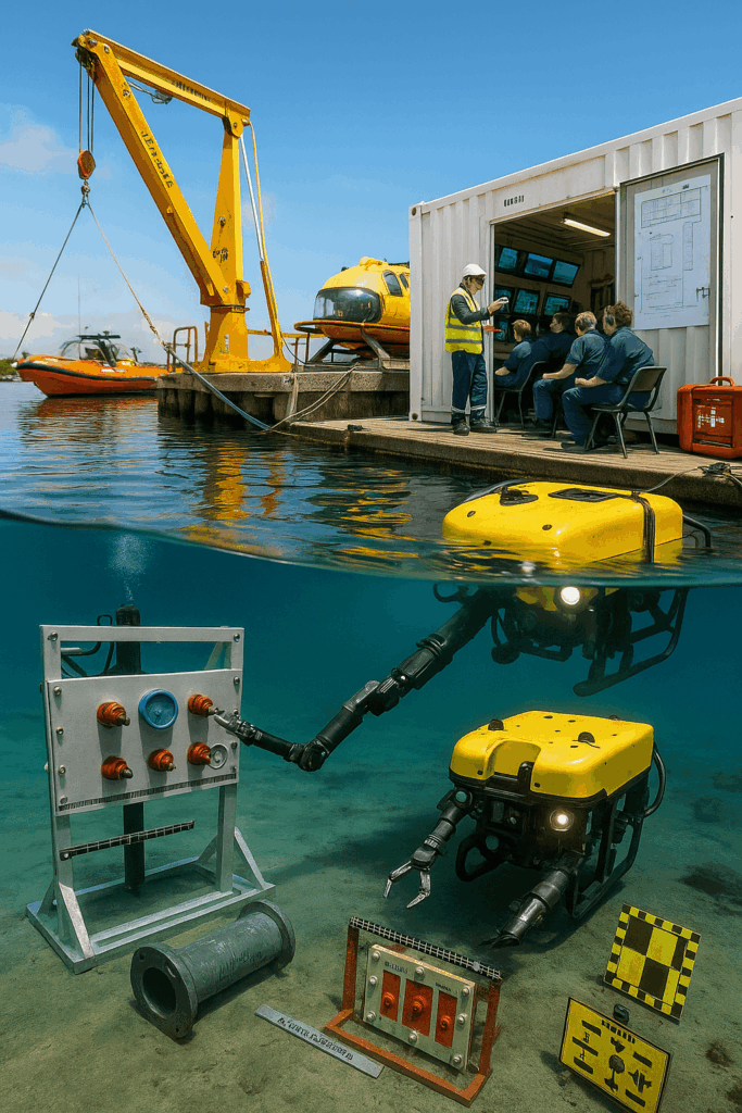 ROV performing manipulator tasks on a training panel while trainees operate consoles in a control van and an instructor supervises beside an A-frame at a marine operations academy.