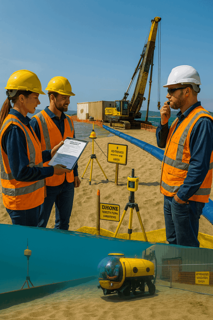 Marine consultants managing a subsea cable landfall: HDD rig and shore winch on the beach while silt curtains and sensors protect the nearshore exit during pull-in.