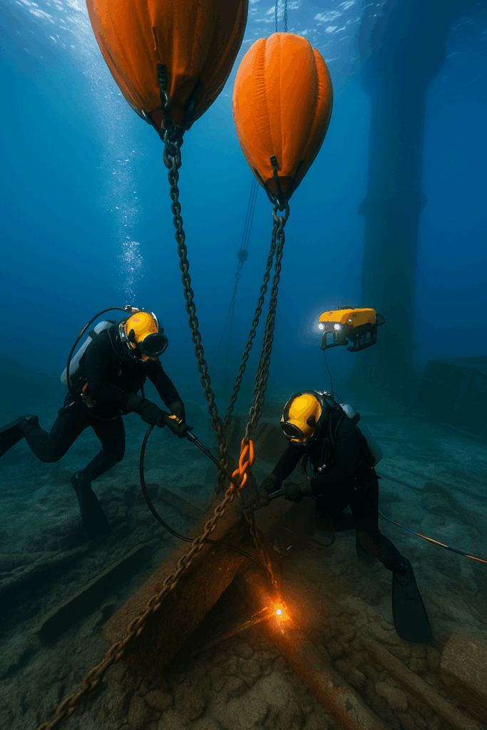 Commercial divers and ROVs securing heavy chains and lift bags to stabilize subsea rig structures during a large-scale offshore salvage recovery project.