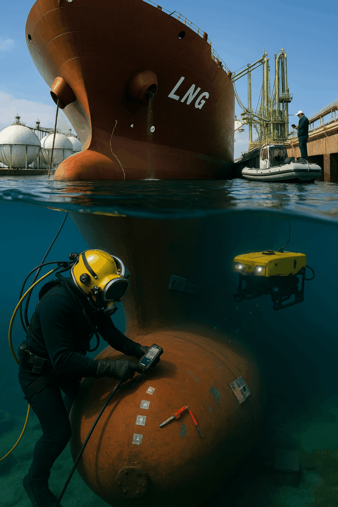 Diver performing UT and CP checks on an LNG carrier’s bow during a UWILD inspection while an ROV records; LNG terminal and loading arms above.