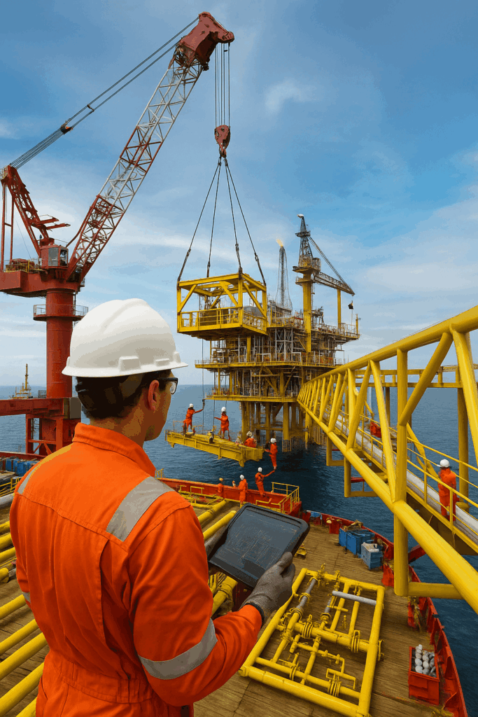 Offshore engineers and crane crews installing heavy modules on an oil and gas platform, with flare towers and production systems in the background, during a large-scale subsea construction support project.