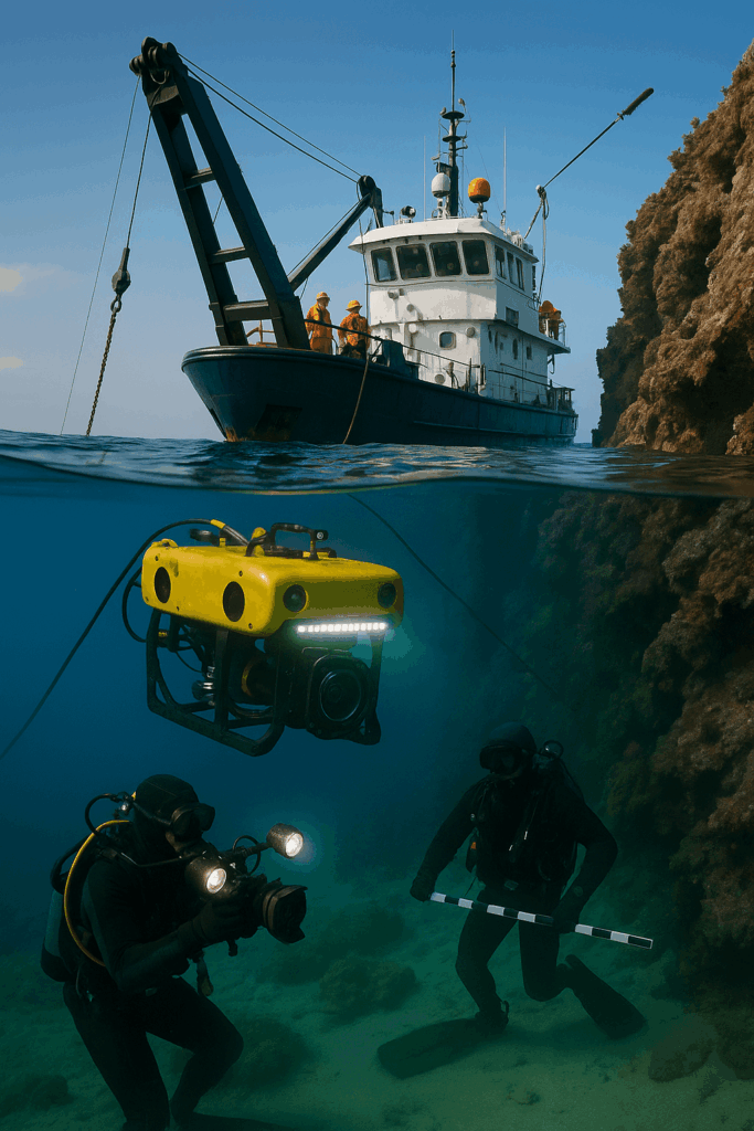 ROV cine-platform filming a reef wall while a diver provides scale and a research vessel with A-frame controls the tether above.