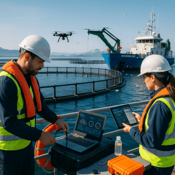Offshore aquaculture support team using laptops, probes, and drones to monitor fish farm pens while service vessels and ROV deployment assist in a large-scale aquaculture expansion project.
