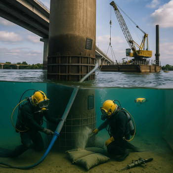 Commercial divers placing underwater concrete and scour-protection around a bridge pier while a jack-up barge and crane work above.