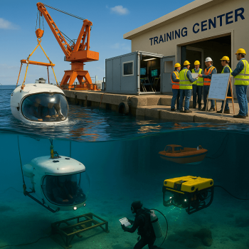 Training submersible launching beside a pier while an ROV and trainee crew practice procedures at a control van during a marine operations course.
