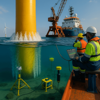 Bubble curtain and seabed ADCP/turbidity sensors monitoring offshore wind monopile pile-driving while MMO/PAM team observes from a jack-up vessel.