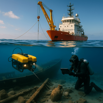 Remotely operated vehicle and diver investigating a shipwreck site while a research vessel deploys equipment from a crane, illustrating a large-scale offshore marine archaeology operation.