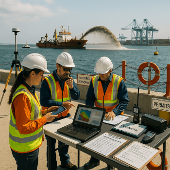 Marine consulting team overseeing a mega-port berth expansion with laptops, RTK rover, and permit checklists while a TSHD and container cranes operate in the background.