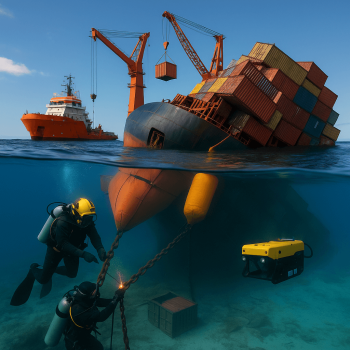 Marine salvage divers and ROVs secure a listing container ship with lift bags and heavy chains while support vessels and cranes stabilize the wreck during a large-scale offshore salvage recovery operation.