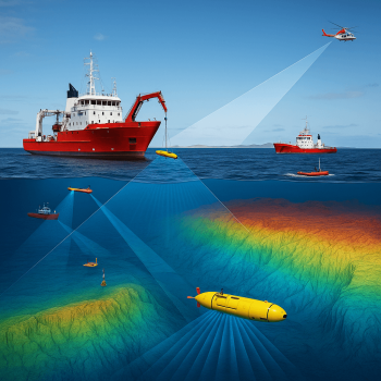 Large research vessels, AUVs, and USVs conducting hydrographic surveys with multibeam sonar and satellite links, mapping deep ocean seabed in a large-scale oceanographic project.