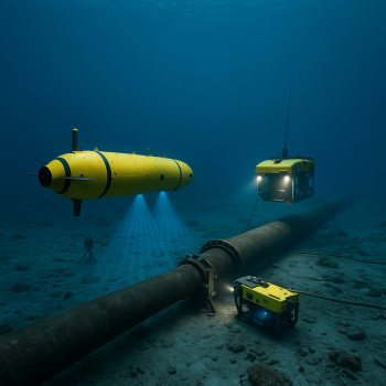 Autonomous underwater vehicle and work-class ROV performing deepwater pipeline inspection and seabed mapping during a large-scale subsea robotics project.