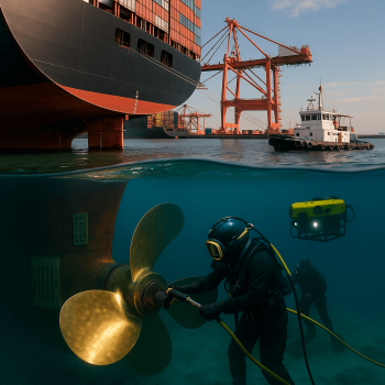 Diver polishing a mega containership propeller while an ROV records; container cranes and dive support workboat above.