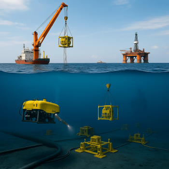 Work-class ROV installing subsea production equipment on the seabed while a heavy-lift offshore construction vessel lowers a manifold into place during a large-scale subsea construction project.