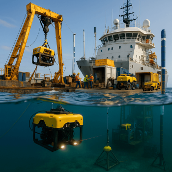 Work-class ROV launching from a DP vessel while control vans, survey sensors, and diver life-support gear are staged on deck for mobilization.