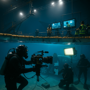 Underwater DP filming a vehicle set inside a feature-film water tank while safety divers and topside truss lighting/monitors support the shoot.