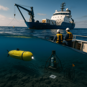 AUV mapping the seafloor beside a benthic observatory while a research vessel with A-frame and deck labs monitors the mission above the surface.