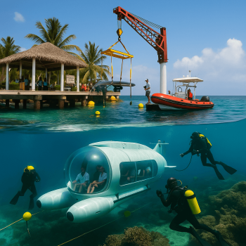 Tourist submarine launching from a luxury resort jetty with safety divers and support boat while guests view the reef inside the sub.